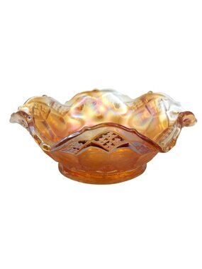 Imperial Carnival Glass Footed Bowl Candy Berry Marigold Diamond Ruffled Vintage